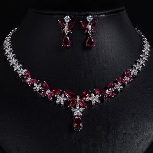NEW! CREATED RUBY & WHITE SAPPHIRE EARRINGS & NECKLACE 18K WHITE GOLD PLATED GERMAN SILVER SET