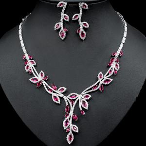 NEW! CREATED RUBY & WHITE SAPPHIRE EARRINGS & NECKLACE 18K WHITE GOLD PLATED GERMAN SILVER SET