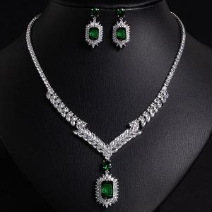 NEW! CREATED EMERALD EARRINGS & NECKLACE 18K WHITE GOLD PLATED GERMAN SILVER SET