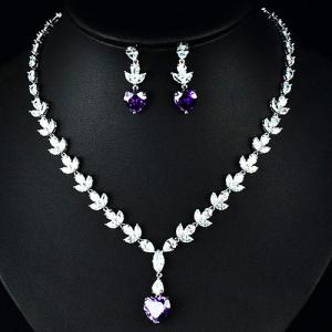 NEW! CREATED AMETHYST & WHITE SAPPHIRE EARRINGS & NECKLACE 18K WHITE GOLD PLATED GERMAN SILVER SET
