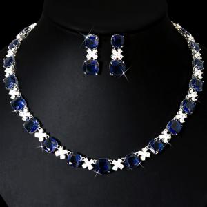 NEW! CREATED SAPPHIRE EARRINGS & NECKLACE 18K WHITE GOLD PLATED GERMAN SILVER SET