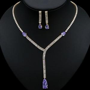 NEW! CREATED TANZANITE & WHITE SAPPHIRE EARRINGS & NECKLACE 18K WHITE GOLD PLATED GERMAN SILVER SET