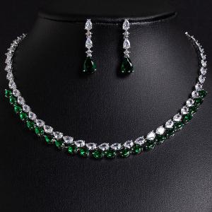 PRICELESS ! CREATED EMERALD EARRINGS & NECKLACE SET 18K WHITE GOLD PLATED GERMAN SILVER SET