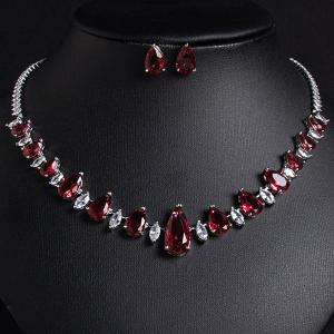 NEW! CREATED RUBY & WHITE SAPPHIRE EARRINGS & NECKLACE 18K WHITE GOLD PLATED GERMAN SILVER SET