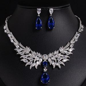 PRICELESS ! CREATED SAPPHIRE EARRINGS & NECKLACE SET 18K WHITE GOLD PLATED GERMAN SILVER SET
