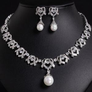 PRICELESS ! CREATED WHITE SAPPHIRE & MOTHER OF PEARL EARRINGS & NECKLACE SET 18K WHITE GOLD PLATED GERMAN SILVER SET