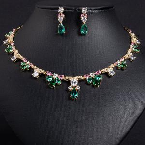 NEW! CREATED MIX COLOR SAPPHIRE EARRINGS & NECKLACE 18K YELLOW GOLD PLATED GERMAN SILVER SET