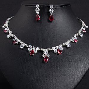 NEW! CREATED RUBY & WHITE SAPPHIRE EARRINGS & NECKLACE 18K WHITE GOLD PLATED GERMAN SILVER SET