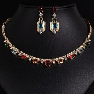 NEW! CREATED RUBY & WHITE SAPPHIRE EARRINGS & NECKLACE 18K YELLOW GOLD PLATED GERMAN SILVER SET