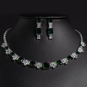 PRICELESS ! CREATED EMERALD EARRINGS & NECKLACE SET 18K WHITE GOLD PLATED GERMAN SILVER SET