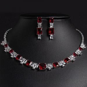 PRICELESS ! CREATED RUBY EARRINGS & NECKLACE SET 18K WHITE GOLD PLATED GERMAN SILVER SET