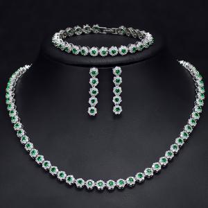 UNIQUE DESIGN ! CREATE EMERALD EARRINGS BRACELET & NECKLACE 18K WHITE GOLD PLATED GERMAN SILVER SET