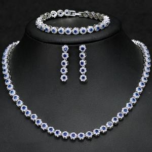 NEW! CREATE SAPPHIRE EARRINGS BRACELET & NECKLACE 18K WHITE GOLD PLATED GERMAN SILVER SET