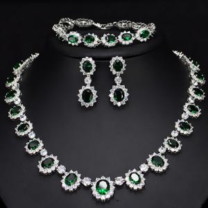 NEW! CREATED EMERALD EARRINGS BRACELET & NECKLACE 3-PIECE 18K WHITE GOLD PLATED GERMAN SILVER SET