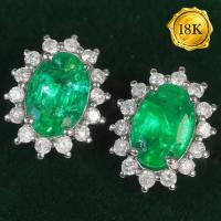 LUXURY COLLECTION ! (CERTIFICATE REPORT) 0.90 CT GENUINE EMERALD & 0.25 CT GENUINE DIAMOND 18KT SOLID GOLD EARRINGS