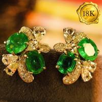 LUXURY COLLECTION ! (CERTIFICATE REPORT) 1.40 CT GENUINE EMERALD & GENUINE DIAMOND 18KT SOLID GOLD EARRINGS