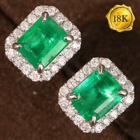 LUXURY COLLECTION ! (CERTIFICATE REPORT) 1.00 CT GENUINE EMERALD & 0.20 CT GENUINE DIAMOND 18KT SOLID GOLD EARRINGS