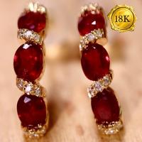 LUXURY COLLECTION ! 1.00 CT GENUINE RUBY & 24PCS GENUINE DIAMOND 18KT SOLID GOLD EARRINGS