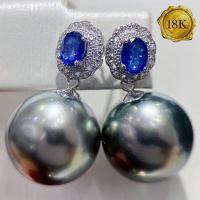 EXCLUSIVE ! RARE 9-10MM TAHITIAN PEARL WITH GENUINE SAPPHIRE & 20PCS GENUINE DIAMONDS 18KT SOLID GOLD EARRINGS