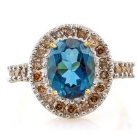 3.00 CT LONDON BLUE TOPAZ & 4/5 CT CHOCOLATE DIAMOND 14KT SOLID GOLD RING