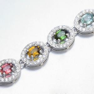 READY TO SHIP ! WOMENS 14K WHITE GOLD OVER SOLID STERLING SILVER CREATED WHITE SAPPHIRE & 2.50 CT MULTI-COLORED TOURMALINE BRACELET
