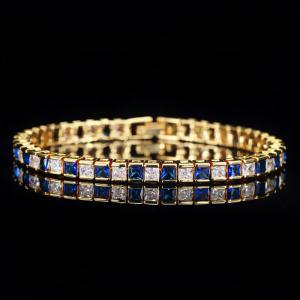 NEW! SPARKLING CREATED SAPPHIRE 18K YELLOW GOLD PLATED GERMAN SILVER BRACELET
