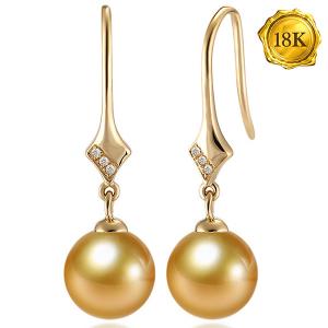 EXCLUSIVE VS CLARITY ! RARE 9-10MM GOLDEN SOUTH SEA PEARL & GENUINE DIAMONDS 18KT SOLID GOLD EARRINGS