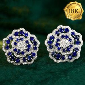 LUXURY COLLECTION ! 1.28 CT GENUINE SAPPHIRE & 0.74 CT GENUINE DIAMOND 18KT SOLID GOLD EARRINGS