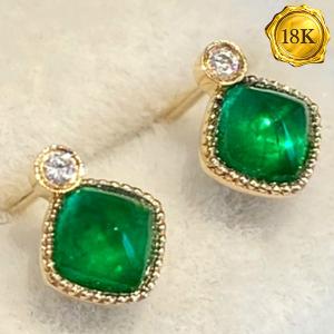 LUXURY COLLECTION ! 0.50 CT GENUINE EMERALD & GENUINE DIAMOND 18KT SOLID GOLD EARRINGS
