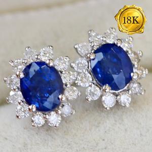 LUXURY COLLECTION ! (CERTIFICATE REPORT) 1.00 CT GENUINE SRI LANKA SAPPHIRE & 0.25 CT GENUINE DIAMOND 18KT SOLID GOLD EARRINGS