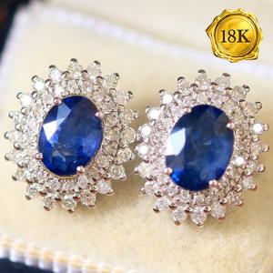 LUXURY COLLECTION !  (CERTIFICATE REPORT) 2.10 CT GENUINE SRI LANKA SAPPHIRE & 0.65 CT GENUINE DIAMOND 18KT SOLID GOLD EARRINGS
