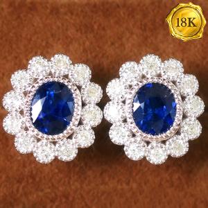 LUXURY COLLECTION !  (CERTIFICATE REPORT) 1.70 CT GENUINE SRI LANKA SAPPHIRE & 0.48 CT GENUINE DIAMOND 18KT SOLID GOLD EARRINGS