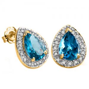 2.15 CT LONDON BLUE TOPAZ & 1/5 CT DIAMOND (VS CLARITY) 10KT SOLID GOLD EARRINGS STUD
