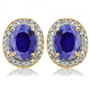 3.08 CT DIFFUSION GENUINE SAPPHIRE & 1/4 CT DIAMOND (VS) 10KT SOLID GOLD EARRINGS STUD