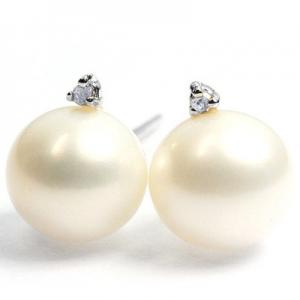 READY TO SHIP ! 7MM SILVER PEARL & DIAMOND 10KT SOLID GOLD EARRINGS STUD