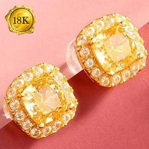 1.50 CT CREATED YELLOW DIAMOND & 32PCS CREATED WHITE SAPPHIRE 18KT SOLID GOLD EARRINGS