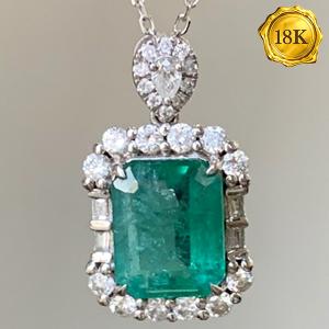 LUXURY COLLECTION ! (CERTIFICATE REPORT) 2.00 CT GENUINE EMERALD & 0.54 CT GENUINE DIAMOND 18KT SOLID GOLD NECKLACE