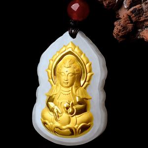 ANTIQUE BLESSING & PROTECTION 24K SOLID YELLOW GOLD 15*25MM GUANYIN JADE PENDANT WITH NECKLACE