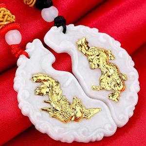 NEW! ANTIQUE BLESSING & PROTECTION DRAGON AND PHOENIX SET 24K SOLID YELLOW GOLD PLATED JADE PENDANT WITH NECKLACE 24K YELLOW GOLD PLATED NECKLACE