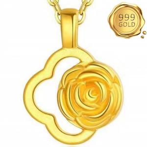 AWESOME ! TWO SIDES 3D ROSE & QUEEN 24KT SOLID GOLD PENDANT