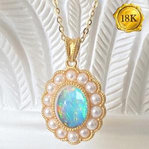 ADORABLE !  GENUINE ETHIOPIAN OPAL  & SHELL PEARL 18KT SOLID GOLD PENDANT