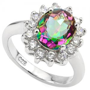 RING SIZE 6 ! WOMENS 14K WHITE GOLD OVER SOLID STERLING SILVER 1/2 CT CREATED WHITE SAPPHIRE & 3.00 CT MYSTIC GEMSTONE RING