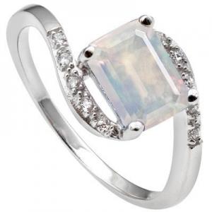 ADORABLE ! 14K WHITE GOLD OVER SOLID STERLING SILVER CREATED WHITE SAPPHIRE & 1.45 CT CREATED ETHIOPIAN OPAL RING