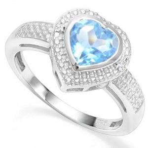 SPARKLING ! WOMENS 14K WHITE GOLD OVER SOLID STERLING SILVER DIAMONDS & 1.08 CT BABY SWISS BLUE TOPAZ RING