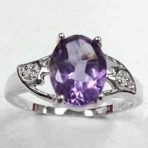 BEAUTEOUS ! 14K WHITE GOLD OVER SOLID STERLING SILVER DIAMONDS & 1.19 CT AMETHYST RING