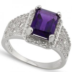 GORGEOUS ! 14K WHITE GOLD OVER SOLID STERLING SILVER DIAMONDS & 2.23 CT AMETHYST RING