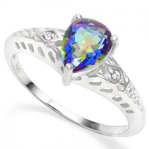 PRECIOUS ! WOMENS 14K WHITE GOLD OVER SOLID STERLING SILVER DIAMOND & 1.00 CT OCEAN MYSTIC GEMSTONE RING