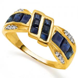 ELEGANT ! WOMENS 14K YELLOW GOLD OVER SOLID STERLING SILVER DIAMONDS & 1.56 CT GENUINE SAPPHIRE RING