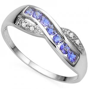 ADORABLE ! 14K WHITE GOLD OVER SOLID STERLING SILVER DIAMONDS & 1/4 CT GENUINE TANZANITE BAND RING