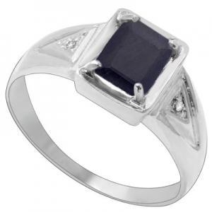 SUPERB ! 14K WHITE GOLD OVER SOLID STERLING SILVER DIAMONDS & 1.39 CT GENUINE BLACK SAPPHIRE RING